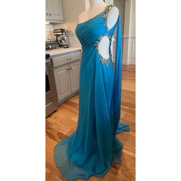PRECIOUS FORMAL NWT BLUE JEWELED ONE SHOULDER GOWN WAIST JEWELED CUTOUT WOMENS 4 - Picture 3 of 16